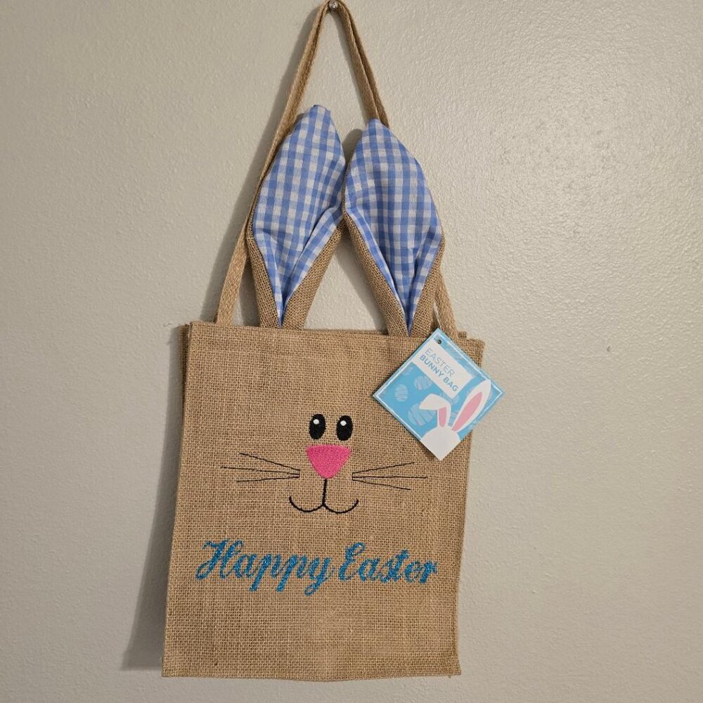 NWT Easter Bunny Embroidered Jute Burlap Sack wit Rabbit Ears Gift Bag 12" x 10"